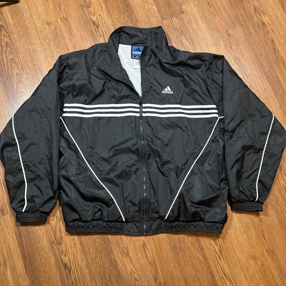 VTG 90s Adidas Windbreaker Jacket Black Full Zip 3 Stripe Chest Piping Size XL